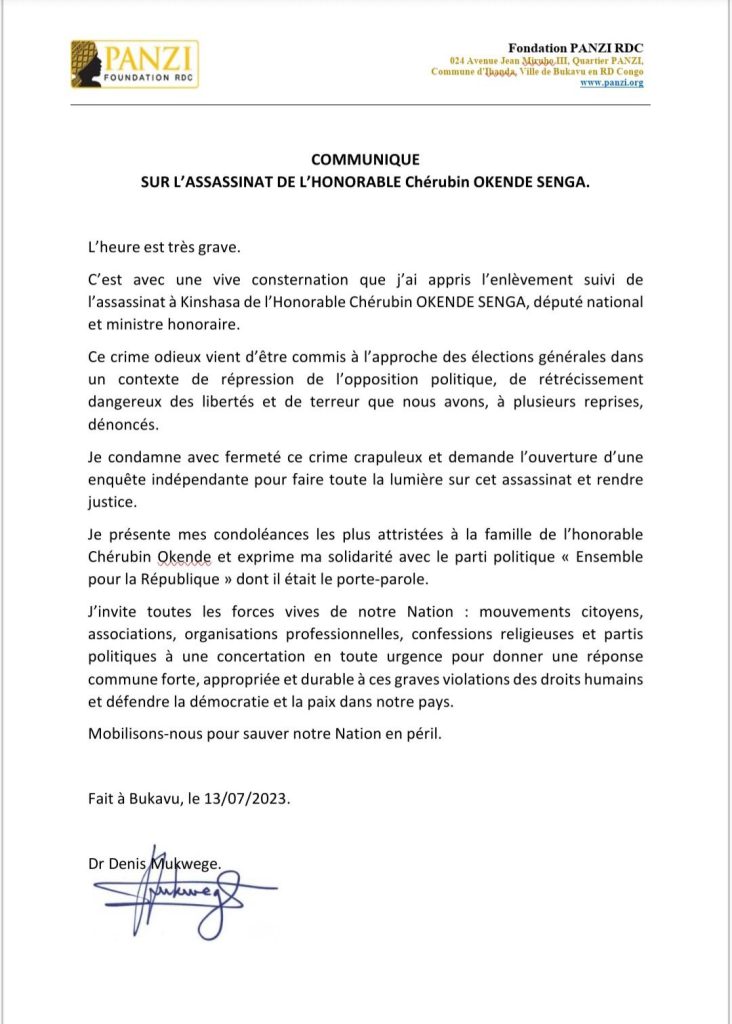 Un communiqué daté du Jeudi 13 Juillet 2023 de Denis Mukkwege