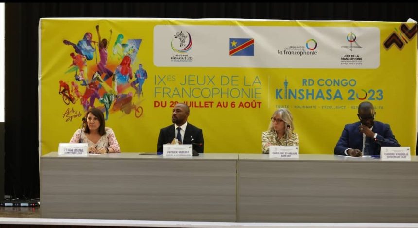 Plusieurs personnalités prennent part au point de presse sur le lancement des IXèmes jeux d la francophonie, entre autres l'Administratrice d l’OIF, Mme Caroline St-Hilaire, le Ministre d médias, Patrick Muyaya
