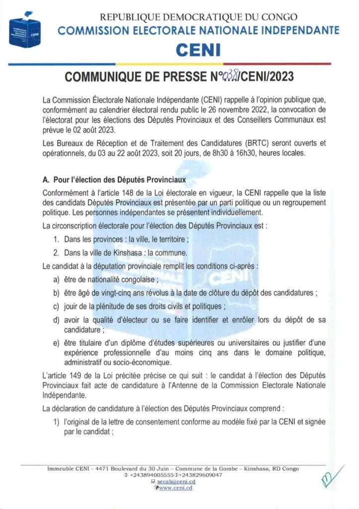 Communiqué de Presse de la CENI-RDC