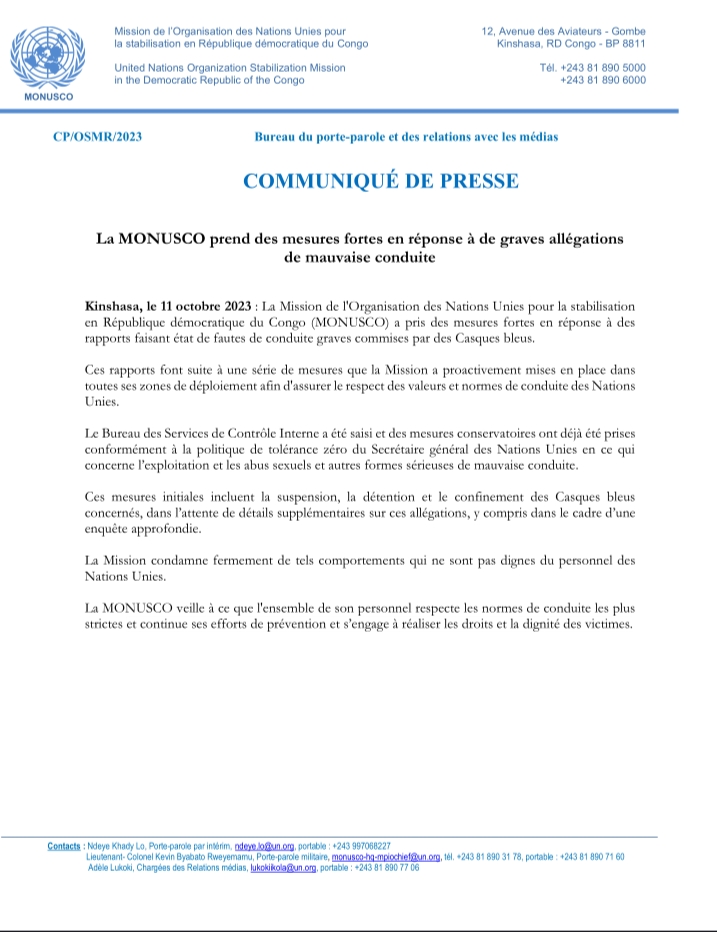 Exemplaire du communiqué de la Monusco sur les mesures contre les casques bleus soupçonnés d'exploitation sexuelle à Beni