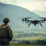 Photo d'illustration : Un militaire avec un drone au champs de bataille