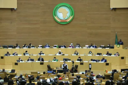 ADDIS ABABA, ETHIOPIA - FEBRUARY 6: President of Senegal Macky Sall (Right at the rostrum) makes a speech during the 35th African Union (AU) Summit in Addis Ababa, Ethiopia on February 6, 2022. Minasse Wondimu Hailu / Anadolu Agency.