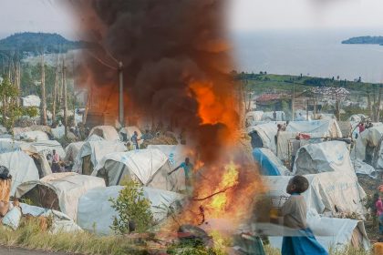 Des cabanes de déplacés de guerre en feu à Mugunga